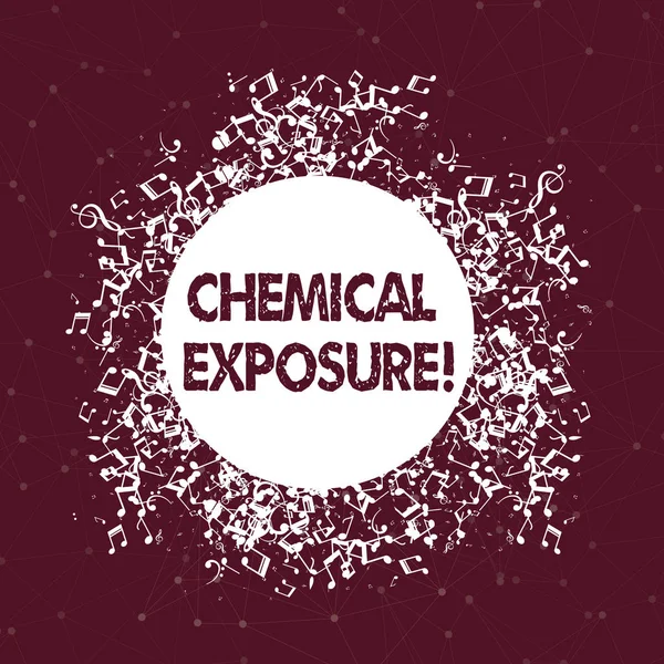 Text sign showing Chemical Exposure. Conceptual photo Touching, breathing, eating or drinking harmful chemicals Disarrayed and Jumbled Musical Notes Icon Surrounding Blank Colorful Circle.