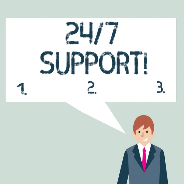 Writing note showing 24 Or 7 Support. Business photo showcasing twentyfour hours seven days a week support to client Businessman Smiling and Talking Blank Color Speech Bubble. — 스톡 사진