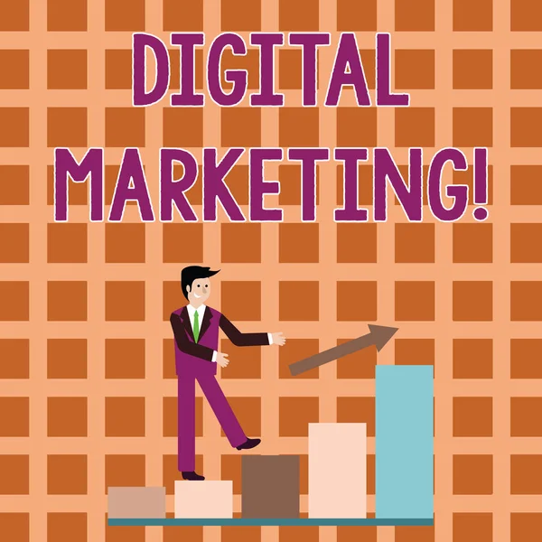 Word writing text Digital Marketing. Business concept for marketing of products using digital technologies Smiling Businessman Climbing Colorful Bar Chart Following an Arrow Going Up. — Stock Photo, Image