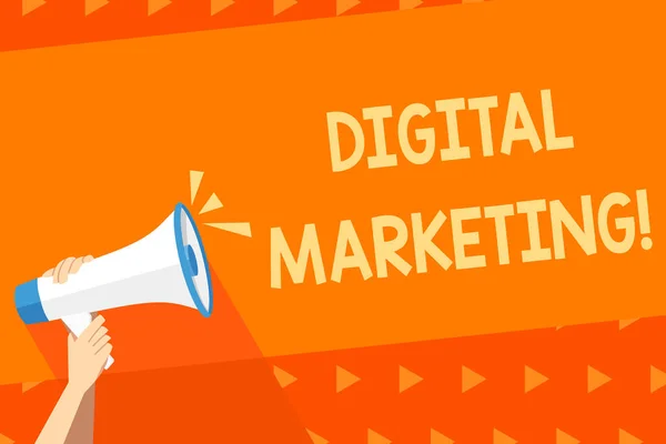 Writing note showing Digital Marketing. Business photo showcasing marketing of products using digital technologies Human Hand Holding Megaphone with Sound Icon and Text Space. — 스톡 사진