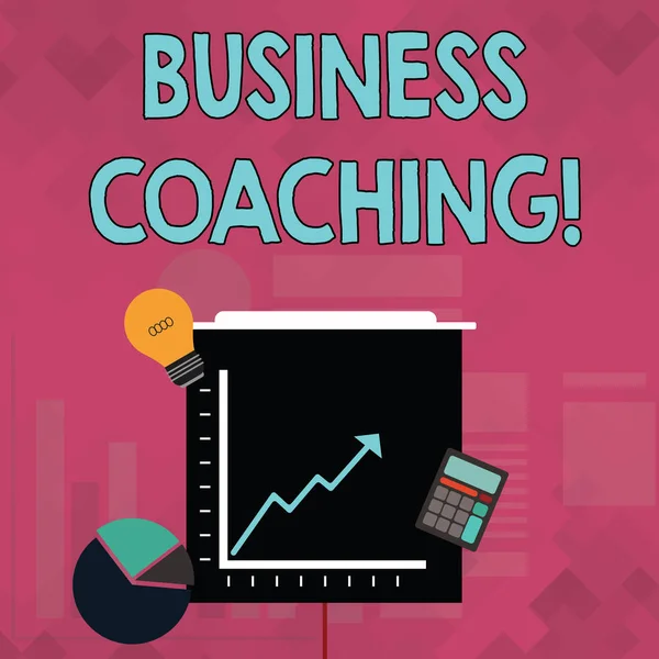 Word writing text Business Coaching. Business concept for providing support and occasional advice to an individual Investment Icons of Pie and Line Chart with Arrow Going Up, Bulb, Calculator. — 스톡 사진