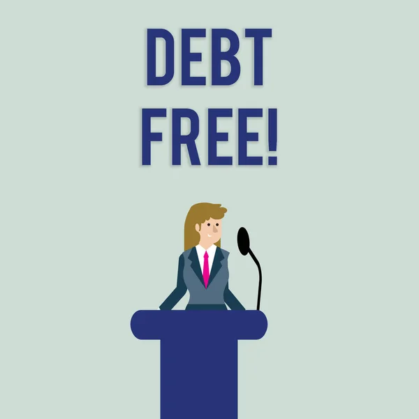 Text sign showing Debt Free. Conceptual photo does not owning any money or things to any individual or companies Businesswoman Standing Behind Podium Rostrum Speaking on Wireless Microphone.