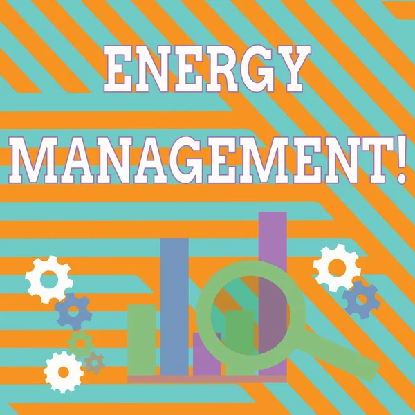 Text sign showing Energy Management. Conceptual photo way of tracking and monitoring energy to conserve usage Magnifying Glass Over Bar Column Chart beside Cog Wheel Gears for Analysis.