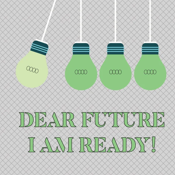 Escritura a mano escritura de texto Querido futuro estoy listo. Concepto que significa estado adecuado para la acción o la situación que se está preparando completamente Color Incandescente Bombilla colgante que cuelga con una bombilla de sombra diferente . —  Fotos de Stock