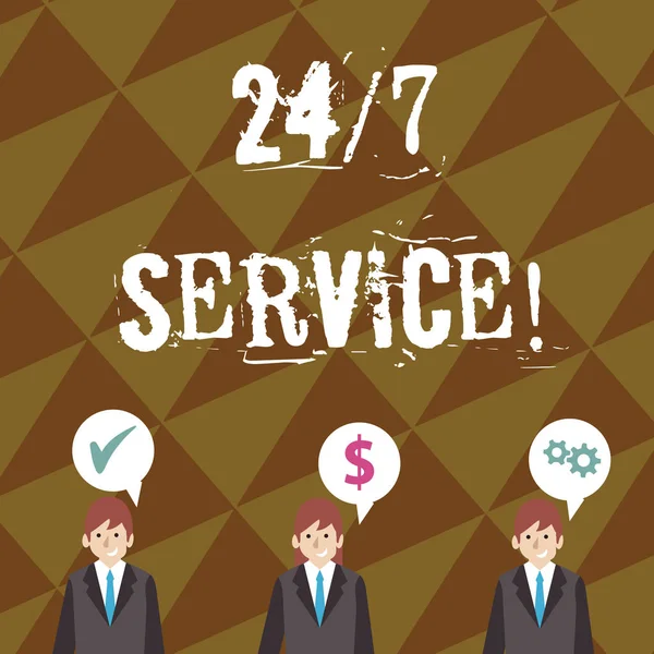 Writing note showing 24 Or 7 Service. Business photo showcasing service that is available any time and usually every day Businessmen has Speech Bubble with Optimization Cost Icons. — 스톡 사진