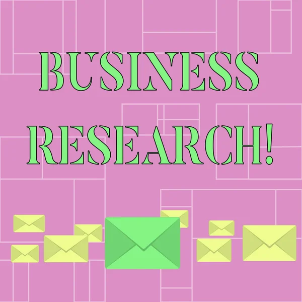 Conceptual hand writing showing Business Research. Business photo showcasing process of acquiring detailed information of the business Color Envelopes in Different Sizes with Big one in Middle.