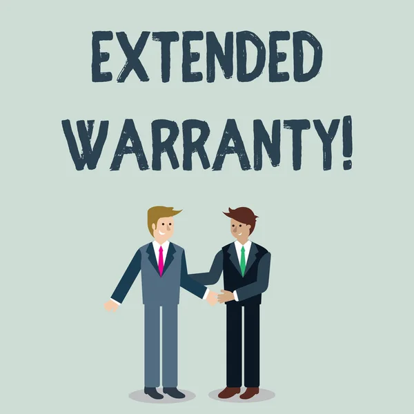 Writing note showing Extended Warranty. Business photo showcasing contract which gives a prolonged warranty to consumers Businessmen Smiling and Greeting each other by Handshaking.
