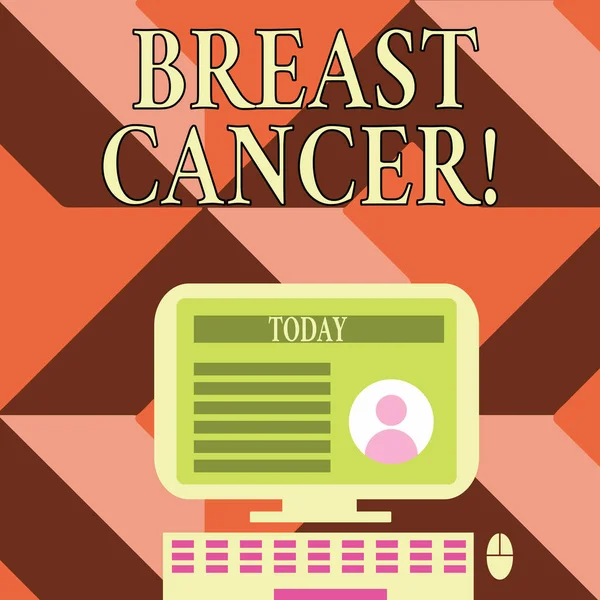 Göğüs kanserini gösteren bir not yazıyorum. İş fotoğrafında göğüs bilgisayarının hücrelerinden kaynaklanan kötü huylu tümör ekranda çevrimiçi profil verisi ile birlikte görüntülendi. — Stok fotoğraf