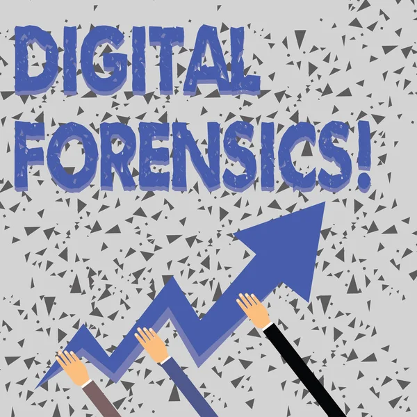 Word writing text Digital Forensics. Business concept for investigation of material found in digital devices Three Hands Holding Colorful Zigzag Lightning Arrow Pointing and Going Up.