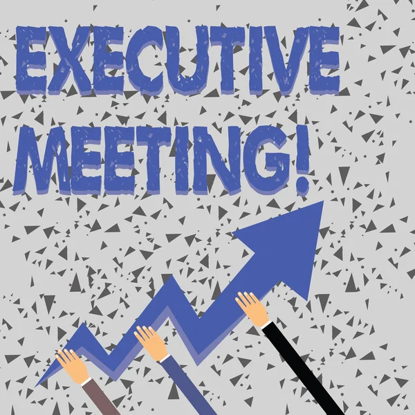 Word writing text Executive Meeting. Business concept for discuss a specific topic with boards and general members Three Hands Holding Colorful Zigzag Lightning Arrow Pointing and Going Up.