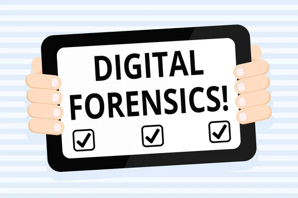 Writing note showing Digital Forensics. Business photo showcasing investigation of material found in digital devices Color Tablet Smartphone with Screen Handheld Back of Gadget.