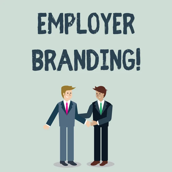 Notatka informująca o Employer Branding. Business photo showcasing proces artykułowania firmy s jest unikalnym przesłaniem Biznesmeni uśmiechając się i witając się przez uścisk dłoni. — Zdjęcie stockowe