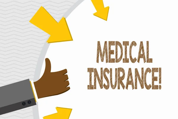 Conceptual hand writing showing Medical Insurance. Business photo text reimburse the insured for expenses incurred from illness Hand Gesturing Thumbs Up and Holding Round Shape with Arrows.