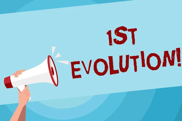 Text sign showing 1St Evolution. Conceptual photo Change in the genetic features of biological populations Human Hand Holding Tightly a Megaphone with Sound Icon and Blank Text Space.