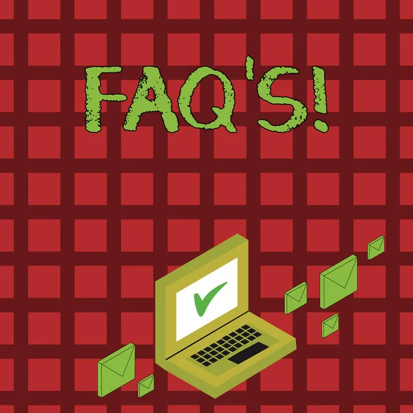 Tekst pisma ręcznego FAQ S. pojęcie znaczenie lista pytań i odpowiedzi odnoszących się do konkretnego tematu koperty Color mail wokół laptopa z ikoną znacznika wyboru na ekranie monitora. — Zdjęcie stockowe