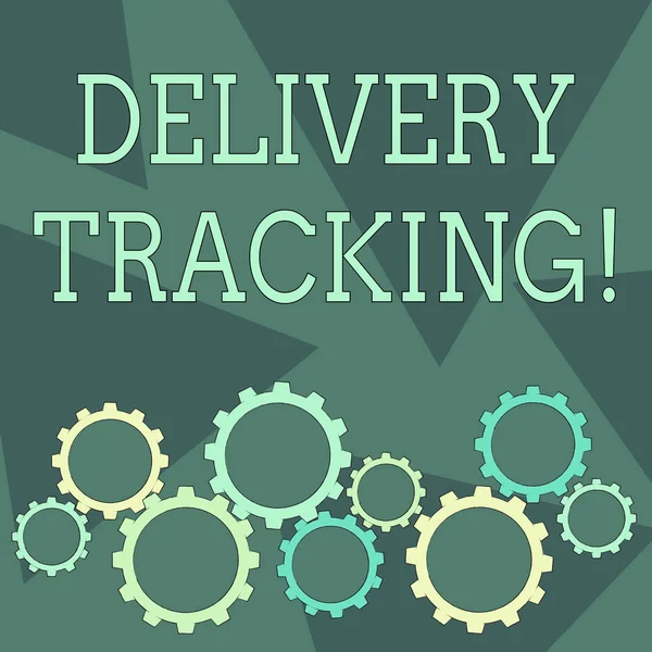 Conceptual hand writing showing Delivery Tracking. Business photo showcasing the process of localizing shipping containers and mails Cog Wheel Gear Engaging, Interlocking and Tesselating.