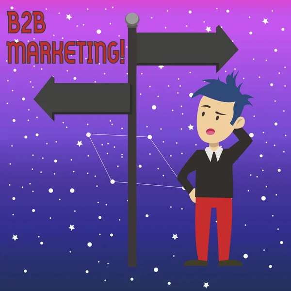 显示 B2b 市场营销的概念手写。企业照片文本营销产品给企业或其他组织 人迷与路标指向相反的方向. — 图库照片