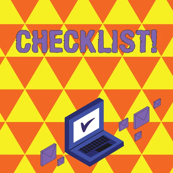 Text sign showing Checklist. Conceptual photo list items required things be done or points considered Color Mail Envelopes around Laptop with Check Mark icon on Monitor Screen.