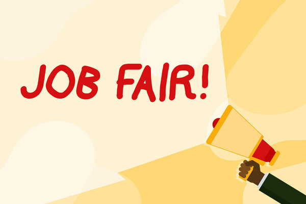 Text sign showing Job Fair. Conceptual photo event in which employers recruiters give information to employees Hand Holding Megaphone with Blank Wide Beam for Extending the Volume Range.