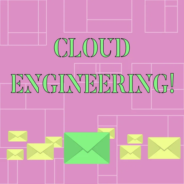 Conceptual hand writing showing Cloud Engineering. Business photo showcasing application of engineering disciplines to cloud computing Color Envelopes in Different Sizes with Big one in Middle.