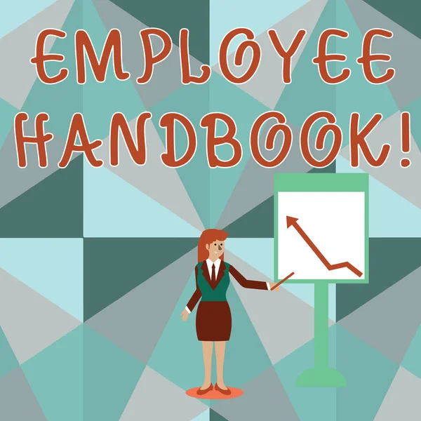 Conceptual hand writing showing Employee Handbook. Business photo showcasing states the rules and regulations and policies of a company Woman Holding Stick Pointing to Chart of Arrow on Whiteboard. — Stock Photo, Image