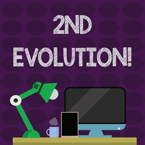 Text sign showing 2Nd Evolution. Conceptual photo change in the heritable features of biological populations Arrangement of Workspace for Nightshift Worker with Computer,Tablet and Lamp.