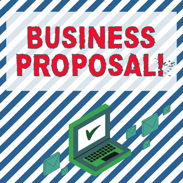 Tekst schrijven Business Proposal. Bedrijfsconcept voor schriftelijke offerte van een verkoper aan een potentiële koper Color Mail Enveloppen rond Laptop met Check Mark icoon op Monitor Screen. — Stockfoto