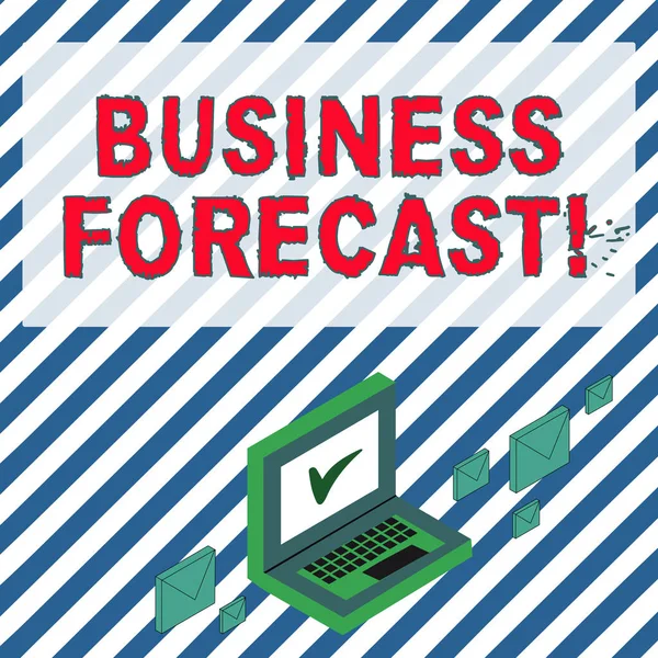 Word writing text Business Forecast. Business concept for estimate or prediction of future developments in business Color Mail Envelopes around Laptop with Check Mark icon on Monitor Screen.