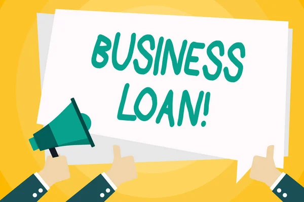 Text sign showing Business Loan. Conceptual photo Loans provided to small businesses for various purposes Hand Holding Megaphone and Other Two Gesturing Thumbs Up with Text Balloon. — Stok fotoğraf