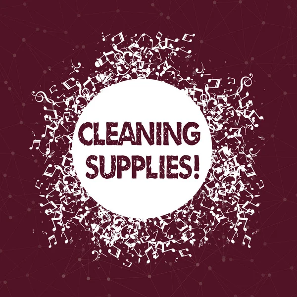 Text sign showing Cleaning Supplies. Conceptual photo substances usually liquids used to remove dirt and dust Disarrayed and Jumbled Musical Notes Icon Surrounding Blank Colorful Circle.