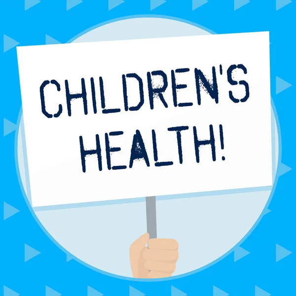 Word writing text Children S Is Health. Business concept for kid condition of being free from illness or disease Hand Holding Blank White Placard Supported by Handle for Social Awareness.