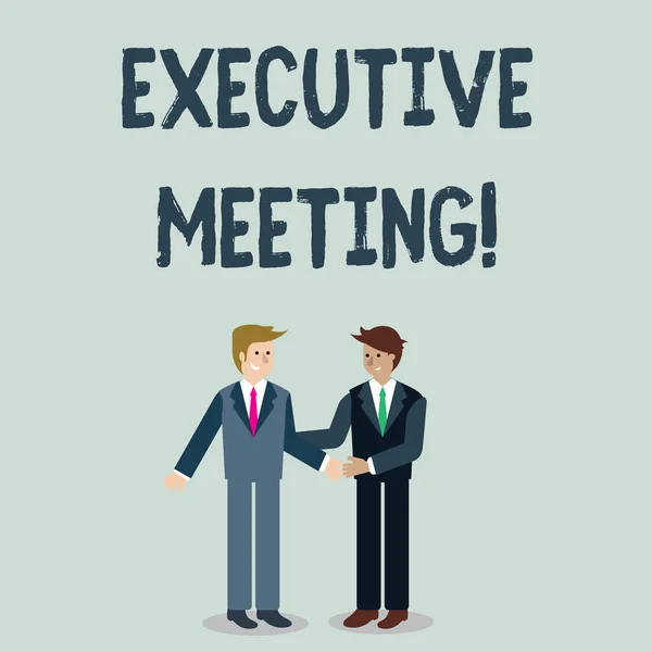 Writing note showing Executive Meeting. Business photo showcasing discuss a specific topic with boards and general members Businessmen Smiling and Greeting each other by Handshaking. — 스톡 사진