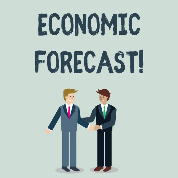 Writing note showing Economic Forecast. Business photo showcasing attempting to predict the future condition of the economy Businessmen Smiling and Greeting each other by Handshaking. — Stock Photo, Image