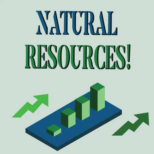 Slovo psaní textu Přírodní zdroje. Obchodní koncept pro materiály, které se vyskytují v přírodě a používá se pro ekonomický zisk Barevné Shluknuté 3D sloupcový graf diagram v perspektivě se dvěma šipkami. — Stock fotografie