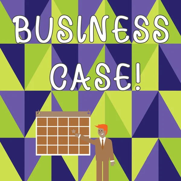 Business Case 'i gösteren bir not yazıyorum. İş fotoğraflarının sergilenmesi, bir proje veya programın yürütülmesi için gerekçe sunuyor İş adamı Gülümseyen ve İşaret Takvimi ile Wall 'daki Star.