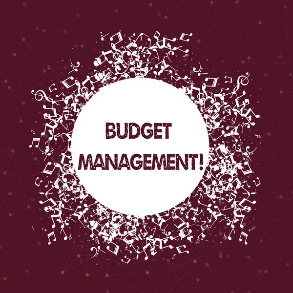 Text sign showing Budget Management. Conceptual photo designing and implementing budget processes of a demonstrating Disarrayed and Jumbled Musical Notes Icon Surrounding Blank Colorful Circle.