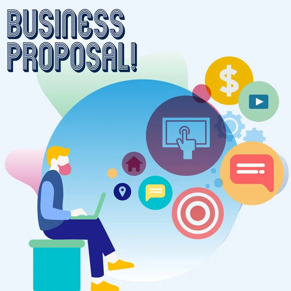 Word writing text Business Proposal. Business concept for written offer from a seller to a prospective buyer Man Sitting Down with Laptop on his Lap and SEO Driver Icons on Blank Space. — 스톡 사진