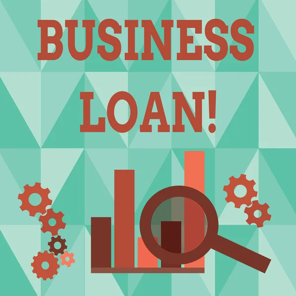 Word writing text Business Loan. Business concept for Loans provided to small businesses for various purposes Magnifying Glass Over Bar Column Chart beside Cog Wheel Gears for Analysis. — 스톡 사진