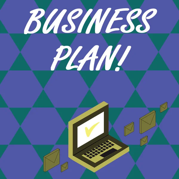 Handwriting text Business Plan. Concept meaning the document setting out a business s is future objectives Color Mail Envelopes around Laptop with Check Mark icon on Monitor Screen.