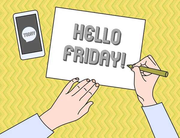 Píšu dopis, na kterém je Hello Friday. Obchodní foto ukazuje, že to říkáte pro přání a doufáme, že další krásný týden. — Stock fotografie