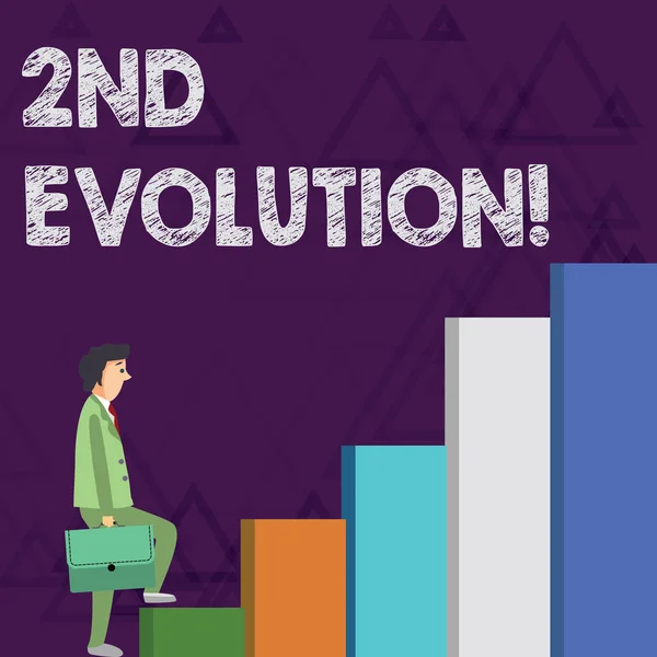 Word writing text 2Nd Evolution. Business concept for change in the heritable features of biological populations Businessman Carrying a Briefcase is in Pensive Expression while Climbing Up.