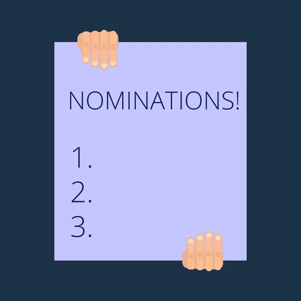 Tekst teken dat nominaties weergeeft. Conceptuele foto-actie van Nominating Committee of staat genomineerd voor prijs. — Stockfoto