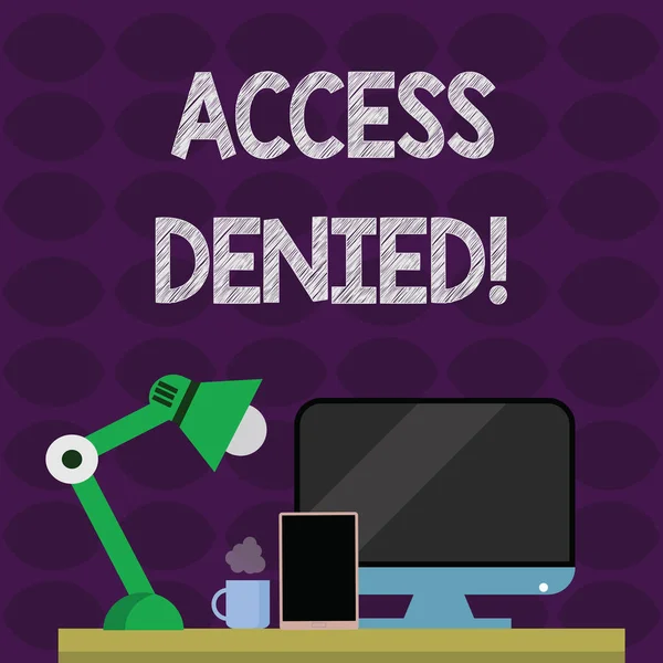 Text sign showing Access Denied. Conceptual photo error message shown when you do not have access rights Arrangement of Workspace for Nightshift Worker with Computer,Tablet and Lamp. — Stock Fotó