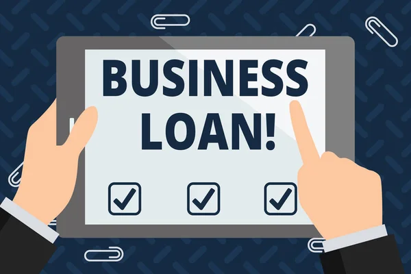 Text sign showing Business Loan. Conceptual photo Loans provided to small businesses for various purposes Businessman Hand Holding, Pointing and Touching Colorful Tablet Blank Screen.