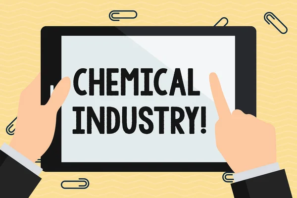 Conceptual hand writing showing Chemical Industry. Business photo text comprises the companies that produce industrial chemicals Hand Holding Pointing Touching Color Tablet White Screen.