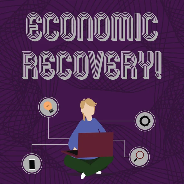 Texto de escritura de palabras Recuperación económica. Concepto de negocio para el aumento de la actividad empresarial que señala el final de una recesión Mujer sentada piernas cruzadas en el piso Navegación por el ordenador portátil con iconos técnicos . —  Fotos de Stock