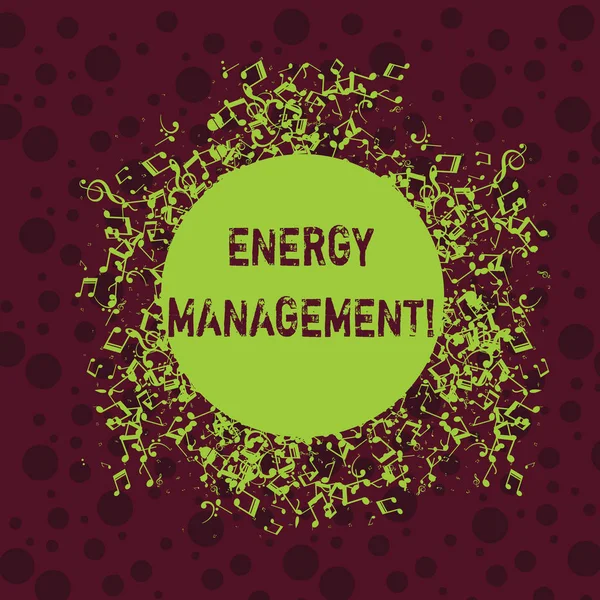 Word writing text Energy Management. Business concept for way of tracking and monitoring energy to conserve usage Disarrayed and Jumbled Musical Notes Icon Surrounding Blank Colorful Circle.