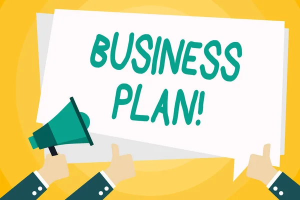 Text sign showing Business Plan. Conceptual photo the document setting out a business s is future objectives Hand Holding Megaphone and Other Two Gesturing Thumbs Up with Text Balloon.