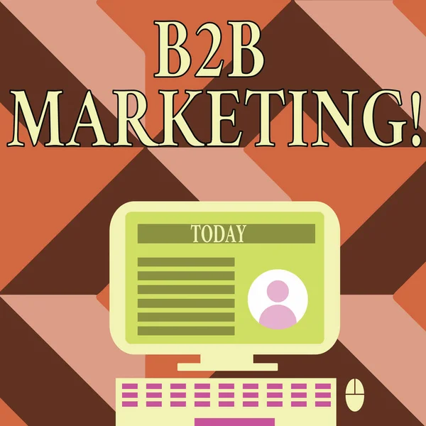 书写说明显示B2b营销。 商务照片，向企业或其他组织展示产品的营销情况。电脑安装在屏幕上，屏幕上有在线简介数据. — 图库照片