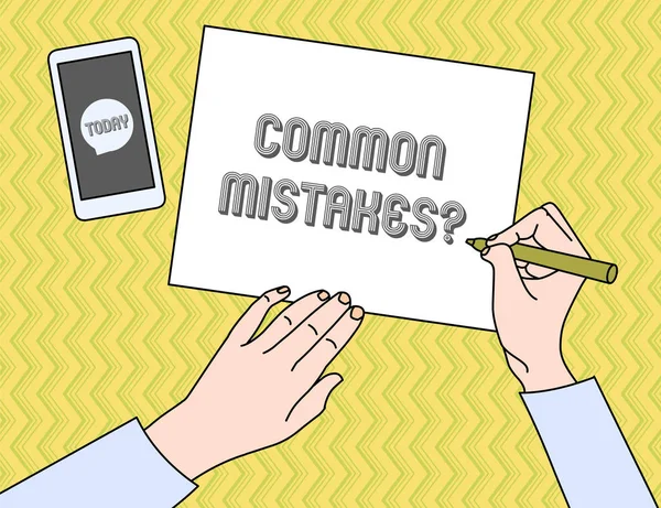 Writing note showing Common Mistakes question. Business photo showcasing repeat act or judgement misguided or wrong. — 스톡 사진